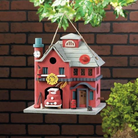 Fire Station Birdhouse Fireman Hat, Wooden Bird Houses, Unique Bird Houses, Bird House Kits, Bird Aviary, Birdhouse Designs, Wooden Bird, Fire Station, Clock Tower