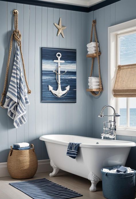 29 Breathtaking Bathroom Decor Ideas to Revamp Your Space 7 Boho Nautical Bathroom, Ocean Aesthetic Bathroom, Ocean Bathroom, Lake House Bathroom, Deco Marine, Beach House Bathroom, Nautical Room, Nautical Bathroom Decor, Nautical Bathroom