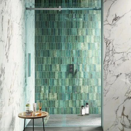 Encore Surfaces Tennessee 2" X 6" Zellige Subway Wall Tile | Wayfair Zellige Tile Bathroom, Green Shower Tile, Dark Green Tile, Bathroom Wall Coverings, Green Subway Tile, Green Tile Bathroom, Bathroom Big, Green Apartment, Shower Floor Tile