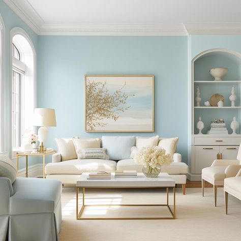 Curious about what accent colors go well with light blue walls? We’ve got a list of amazing color combinations that will bring your space to life! Seafoam Blue Living Room, Blue Living Room Paint Colors, Blue Living Room Paint, Living Room Light Blue, Blue Accent Wall Living Room, Blue Paint Living Room, Blue And Cream Living Room, Aqua Living Room, Light Blue Living Room