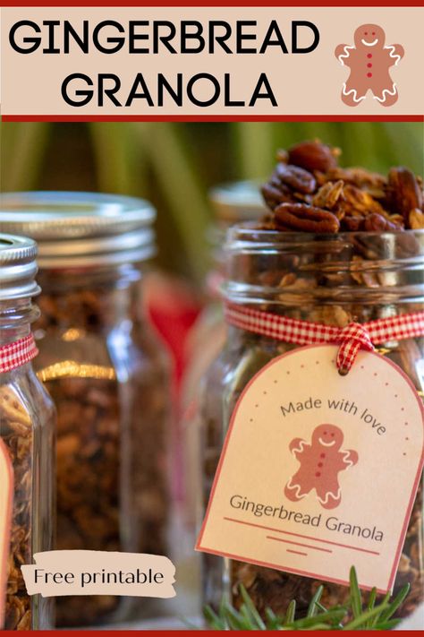 Adorable, delicious and easy-to-make, this Gingerbread Granola makes for a perfect Holiday Treat and Gift! #MasonJar #MasonJarGifts #Granola #Gingerbread via @savorandsavvy Gingerbread Simmer Pot Recipes, Christmas Granola Gift In A Jar, Gingerbread Gifts Ideas, Food Christmas Gifts Homemade, Christmas Granola Recipe, Gingerbread Gift Ideas, Granola Gift Ideas, Homemade Granola Gift, Granola Christmas Gift