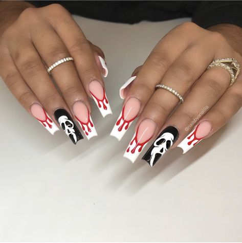 Halloween Matching Nails With Best Friend, Jigsaw Nails Halloween, Nails Design Tutorial, Ghostface Nails, Halloween Nails Inspo, Zodiac Nails, Best Fall Nails, Spooky Halloween Nails, Fall Nails Design