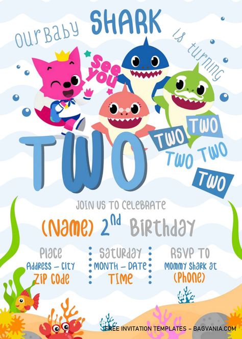 Baby Shark Birthday Invitation Templates – Editable With Microsoft Word | FREE Printable Birthday Invitation Templates - Bagvania Baby Shark Birthday Party Invitations, Baby Shark Invite, Shark Theme 2nd Birthday Party, Baby Shark Birthday Theme Boy, 2nd Birthday Shark Theme, Baby Shark Invitations Template Free, Baby Shark Birthday Invitation Free, Baby Shark Birthday Invitation Template, Baby Shark Party Games