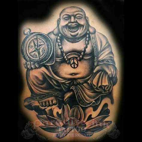 Smiling buddha Laughing Buddha Tattoo Design, Smiling Buddha Tattoo, Fat Buddha Tattoo, Buddha Tatoo, Laughing Buddha Tattoo, Tato 3d, Tattoo Homme, Vintage Flower Tattoo, Smiling Buddha