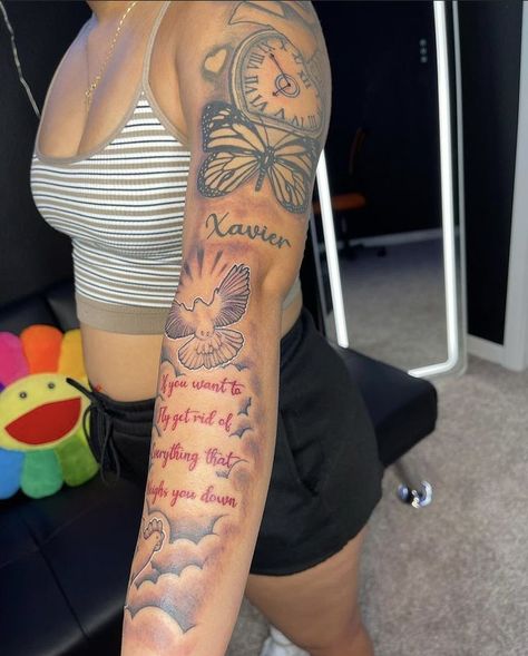 Pin on tattoos Long Sleeve Tattoos For Women, Meaningful Sleeve Tattoos For Women, Tattoos For Baddies, Long Live Tattoo Black People, Baddie Tattoos Arm, God Tattoos For Women Half Sleeves, Black Women Sleeve Tattoo Ideas, Black Women Tattoos, Half Sleeve Tattoos For Women