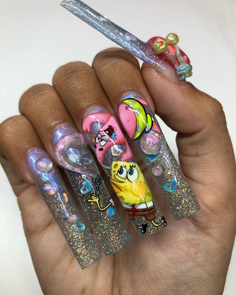 🌈🪼🧽SpongeBob Nails I’ve Painted➡️⁣ Which set is YOUR favorite 1-9 if you HAD to choose! I love painting different episodes😂💖 It’s one of my favorite things to paint! Used all my brand @nailzbydevshop gel polishes and nail art brushes to paint these nails✨💦💞⁣ ⁣ 🙏🏼 Please tag @spongebob can we get his attention?! 🤣Which episode did I miss that I should paint in the future?!🤔🤔 Drop me some ideas!!🤪⁣ ⁣ 🪼 #nailideas #nailinspo #spongebobnails #spongebob #nailart #summernails #gelnails #gelnailart ... Spongebob Nails Acrylic, Spongebob Nails Designs, Spongebob Nail Art, Spongebob Nails, Get His Attention, Nail Vibes, Planet Nails, Things To Paint, Nail Tutorial Videos