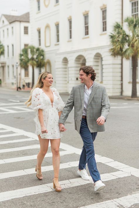 A downtown Charleston engagement session with a young, fun, outgoing couple, with an exceptional fashion style! Downtown Charleston Engagement Photos, Engagement Photos Charleston Sc, Charleston Proposal, Charleston Photoshoot, Savannah Engagement Photos, Charleston Engagement Pictures, Charleston Engagement Photos, Places To Propose, Engagements Pictures