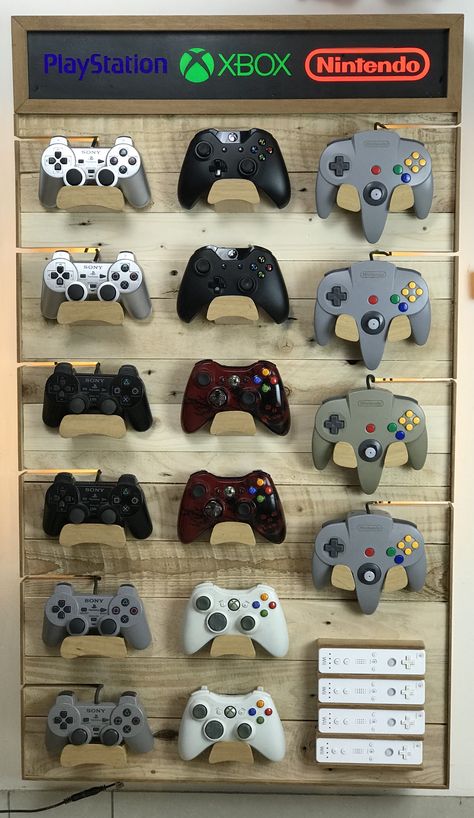 Video Game Controller Rack : We designed and built this rack for all of our games consoles, old and new! #organisation Wood Xbox Controller Stand, Game Controller Organization, Gaming Controller Organization, Console Display Ideas, Old Gaming Consoles, Video Game Controller Storage, Multiple Game Console Setup, Game Controller Stand, Diy Controller Stand