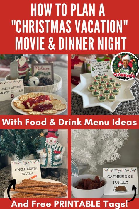 Christmas Vacation Movie Food Ideas, Christmas Vacation Movie Night Food, Christmas Vacation Drinks, Christmas Vacation Menu Ideas, Christmas Vacation Charcuterie Board, Griswold Party Ideas, Christmas Vacation Themed Party Food, Christmas Vacation Themed Cocktails, Christmas Vacation Dinner Ideas