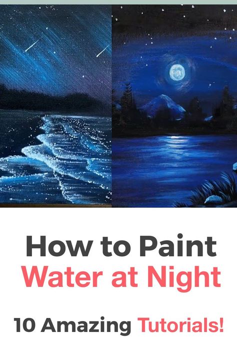 Painting Water At Night, How To Paint Water With Acrylic Easy, Night Sky Painting Easy Step By Step, Painting Water Acrylic, Ocean At Night Painting, Painting Ideas On Canvas Ocean, Beach At Night Painting, Night Beach Painting, How To Paint Water With Acrylic