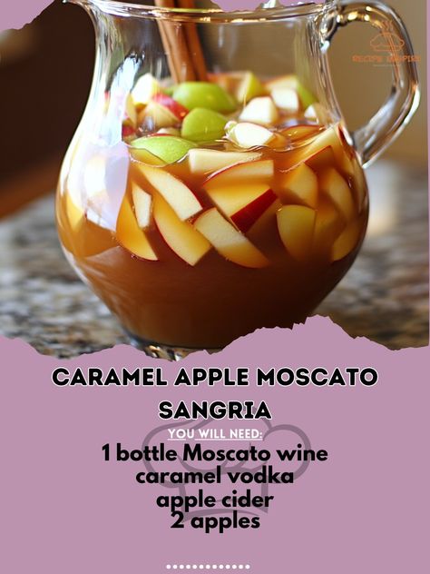 🍏🍷🍯 Dive into fall with this irresistible Caramel Apple Moscato Sangria! Perfect for cozy nights in. 🍂 Caramel Apple Moscato Sangria Ingredients: - 1 bottle Moscato wine - 1 cup caramel vodka - 1 cup apple cider - 2 apples, sliced - 1/4 cup caramel sauce - Cinnamon sticks for garnish Instructions: 1. In a pitcher, combine Moscato, caramel vodka, and apple cider. 2. Add sliced apples and stir in caramel sauce. 3. Chill in the refrigerator for at least 2 hours. 4. Serve over ice, garnish wit... Apple Moscato Sangria, Vodka And Apple Cider, Moscato Sangria, Caramel Apple Sangria, Sangria Ingredients, Apple Cider Sangria, Caramel Vodka, Moscato Wine, Drinks Ideas