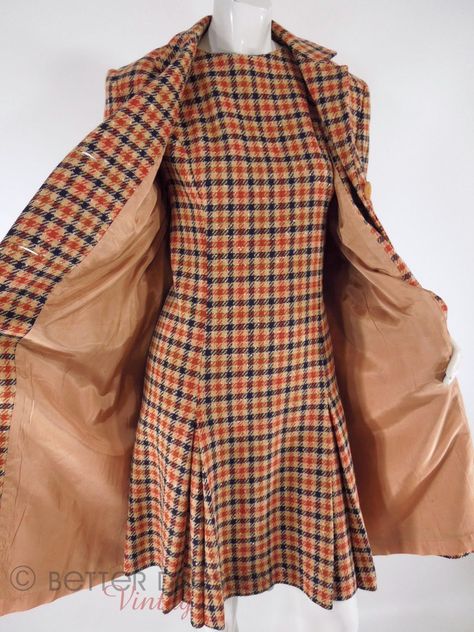 Dress Coat Outfit, 1960s Shift Dress, Scooter Dress, Tweed Shift Dress, Coat Set, 1960's Fashion, Fashion 1960s, Fall Plaid, Nancy Drew