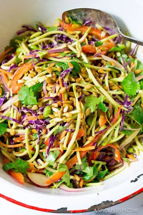 Crunchy Asian Slaw, Asian Slaw Recipe, Shelled Edamame, Summer Slaw, Slaw Salad, Vegan Coleslaw, Liquid Aminos, A Spicy Perspective, Slaw Recipe