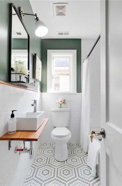 Bath Next To Window, Small Toilet With Window Ideas, Small Bathroom With Window Over Toilet, Guest Wc Ideas, Small Wc With Window, Toilet Below Window, Bathroom White Tiles Green Walls, Wc With Window, Single Toilet Room Ideas