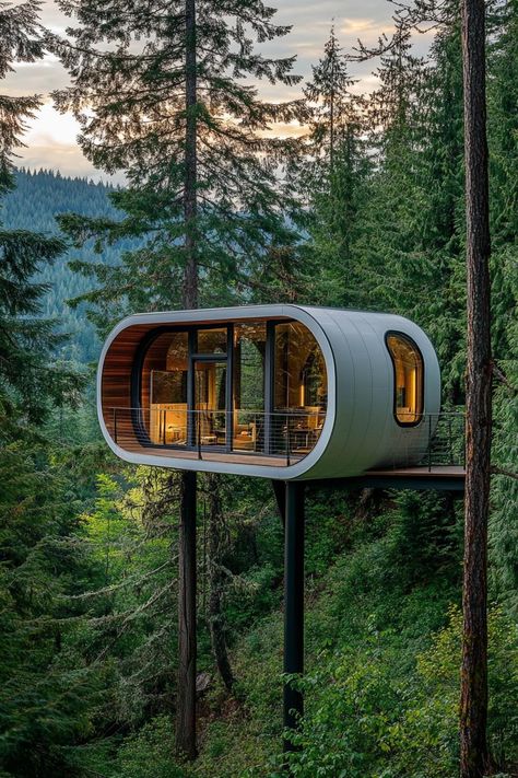 Modern mountain pod house on high stilts in lush mountain woods. Check out these stunning houses nestled in the serene and rugged beauty of mountain woods. Get inspired by nature! Stilted Architecture, Forest House Plans, Modern Mini House, Mountain Glamping, Tiny House Wood, Stunning Houses, Apaneca, Micro Homes, Modern Tree House