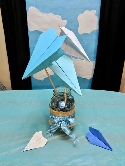 Simple Paper Airplane Birthday Party Decorations - table centerpiece Paper Airplane Party, Airplane Party Decorations, Airplane Birthday Party Decorations, Airplane Wedding, Make A Paper Airplane, Planes Birthday, Aviation Theme, Airplane Theme, Airplane Decor