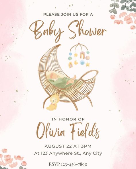 Beautiful Boho Crib Baby Shower Invite #Vfccreativedesigns #DigitalInvitations #InvitationDesign #Cutedesigns #Partyevites #birthdayevites #babyshowerevites #weddingevites #bridalshower #partyevites Wooden Crib, Fedex Office, Baby Shower Invite, Baby Shower Invitation, Shower Invitation, Pink Floral, Baby Shower, Shower, Floral