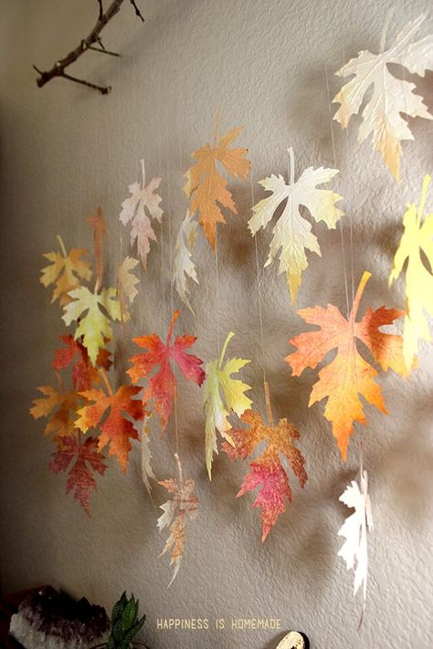 Fall Leaves from Kids Watercolor Paintings Thanksgiving Artwork, Branch Mobile, Fall Mobile, Fall Leaf Decor, Paper Leaf, Leaf Projects, Watercolor Leaf, Fall Art Projects, Happiness Is Homemade