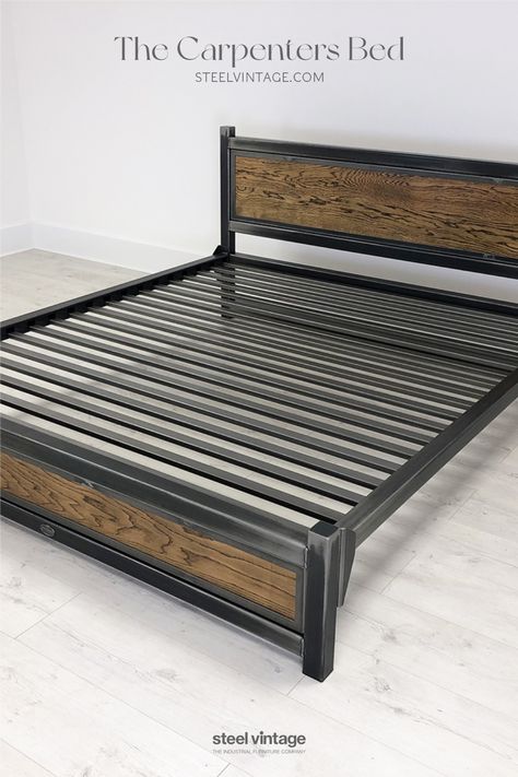 Metal And Wood Bed Frame, Industrial Ideas, Steel Bed Design, Industrial Bed, The Carpenters, Grill Gate, Timber Beds, Grill Gate Design, Steel Bed Frame