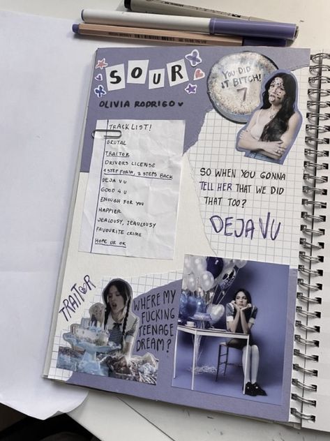 Journal Promos, Olivia Rodrigo Aesthetic Drawing, Olivia Rodrigo Scrapbook, Olivia Rodrigo Journal, Music Scrapbook Page, Olivia Rodrigo Journal Page, Olivia Rodrigo Aesthetic Journal, Song Scrapbook, Music Journaling