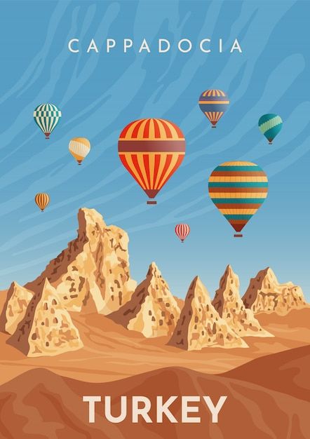 Cappadocia hot air balloon flight. trave... | Premium Vector #Freepik #vector #cappadocia #hot-balloon #hot-air-balloon #air-balloon Turkey Cappadocia, Vintage Banner, Tourism Poster, Vintage Poster Design, Minimalist Travel, Retro Travel Poster, Travel Illustration, Hot Air Balloons, Air Balloons