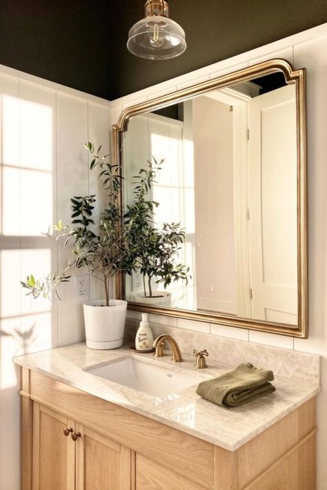 Powder Room Remodel Ideas, Guest Half Bathroom Ideas, Gold Accent Bathroom, Powder Room Ideas Elegant Modern, Bathroom With Gold Accents, Half Bathroom Ideas, Brass Bathroom Fixtures, Powder Room Remodel, Gold Fixtures