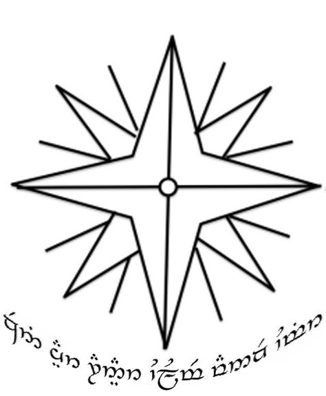 Star of Feanor + "Not All Who Wander Are Lost" in tengwar, quenya Star Of Earendil Tattoo, Silmarillion Tattoo Ideas, Feanorian Star, Tolkien Drawings, Elven Tattoo, Earth Clothes, Lord Of The Rings Tattoo, John Howe, Tolkien Art