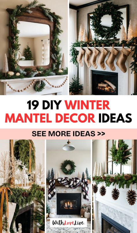 🌨️ Cozy up your mantel with these enchanting DIY winter decor ideas! From sparkling lights to elegant garlands, learn how to create a festive focal point in your home. 🏠 Check out our creative tips and save this pin for your winter decorating spree! Winter Fireplace Decor, Diy Winter Decor, Simple Winter Decor, Winter Mantel Decor, Winter Mantle, Winter Decor Ideas, Winter Fireplace, Winter Mantels, Mantel Decor Ideas