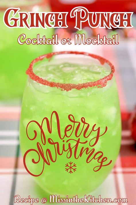 Grinch Punch is a fun party drink for Christmas made with vodka for the adults or without for the kids. A festive lemon-lime punch served up with a red sugared rim. Christmas Mocktails For A Crowd, Grinch Punch Recipe Alcohol, Grinch Drinks For Kids, Christmas Brunch Drinks, Green Punch Recipes, Christmas Vodka, Punch Recipes For Kids, Grinch Drink, Grinch Punch