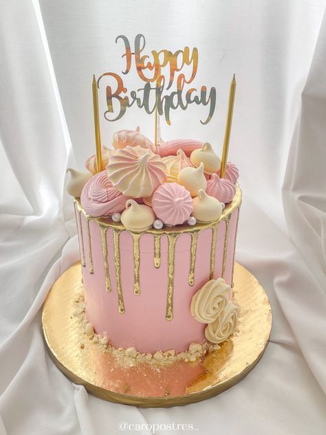 Pastel rosa con drip dorado y merengues suizos 21st Bday Ideas, Pretty Birthday Cakes, Drip Cakes, Birthday Cupcakes, Birthday Cakes, Cupcake Cakes, Birthday Cake, Happy Birthday, Cake