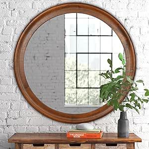 Round Wood Mirror for Wall,36 Inch Circle Decorative Mirror with Walnut Frame,Rustic Bathroom Hanging Vanity Mirror for Entryway,Bedroom or Living Room Round Wood Frame Mirror, Round Wall Mirror Entryway, Entry Mirror With Hooks, Rustic Mirrors Farmhouse Style, Round Bedroom Mirror, Hanging Vanity, Mirror For Entryway, Round Wood Mirror, Wood Mirror Bathroom