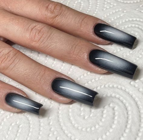 Black Nails Mid Length, Aura Nails Black And White, Black And White Aura Nails, Square Tip Nail Designs, Grey Aura Nails, Cool Black Nails, Techno Nails, Black And Grey Nails, Black Aura Nails