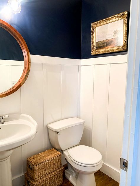 Mini Makeover starting with the vanity light. · The Glitzy Pear Half Bath Board And Batten, Navy Board And Batten, Navy Board And Batten Wall, Board And Batten Half Bath, Batten And Wallpaper, Board And Batten And Wallpaper, Half Bath Makeover, Navy Living Rooms, Bath Board