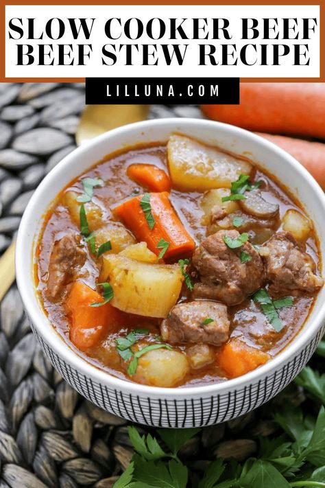 Hearty slow cooker beef stew recipe is a family favorite that we've enjoyed for years!! Your crock pot does all the work! #slowcooker #crockpot #beefstew #stewrecipes #slowcookersoups Stew Meat Recipes Crock Pot Easy, Crockpot Beefstew, Stew Meat Recipes Crock Pot, Beef Stew Crock Pot Recipes, Beef Stews, Slow Cooker Recipes Beef Stew, Crockpot Recipes Beef Stew, Hearty Beef Stew, Slow Cooker Stew