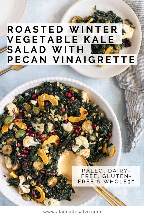 This Roasted Winter Vegetable Kale Salad with Pecan Vinaigrette is loaded with nutrient-dense veggies and makes a great Winter side dish. It's hearty, flavorful and full of texture. The pecan vinaigrette makes for a tangy dairy-free salad dressing. The salad is also gluten-free, vegan, paleo, and Whole30 friendly. Add this one to your list of holiday recipe ideas and follow @alannadesalvonutrition for more paleo recipes! Roasted Kale Salad, Easy Kale Salad, Roasted Kale, Kale Vegetable, Roasted Winter Vegetables, Winter Side Dishes, Dairy Free Salads, Winter Salad Recipes, Winter Vegetable