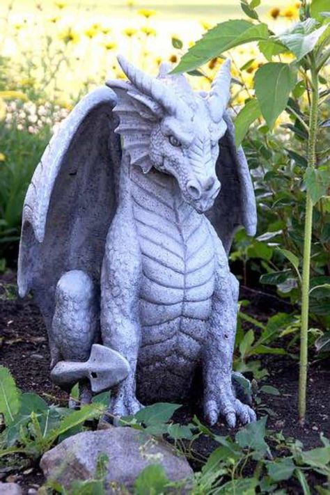 Dragon Garden Sculpture, Dragon Garden Statue, Pirate Garden, Sitting Dragon, Garden Dragon, Cement Decor, Witchy Garden, Dragon Garden, Safe Playground