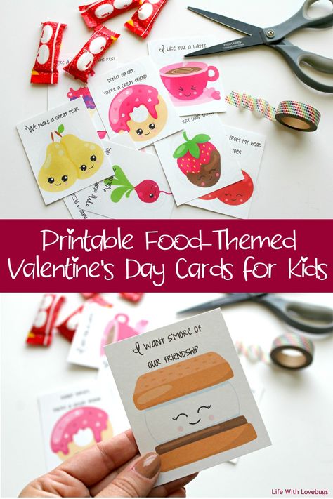 Food Valentines Day Cards, Food Valentines Day, Valentines Day Cards For Kids, Candy Free Valentines, Food Valentines, Valentine's Day Party Games, Day Date Ideas, Printable Food, Printable Valentines Day Cards