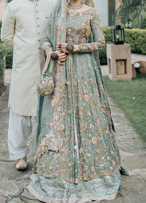 Green Asian Bridal Dress, Light Green Nikkah Dress, Nikkah Colour Theme, Engagement Dress For Girl, Sage Green Wedding Dress, Nikkah Bride Dress, Walima Dresses, Modern Bridal Dress, Desi Clothing