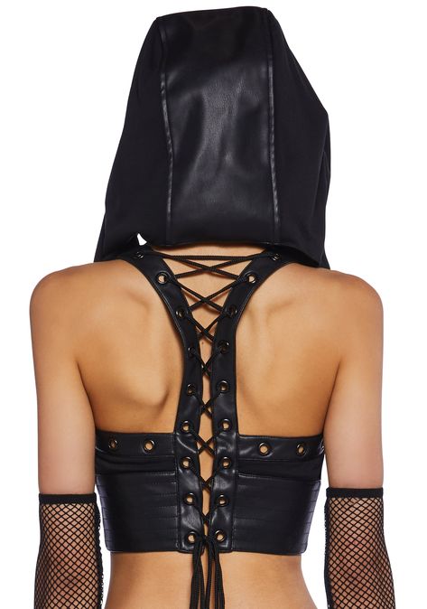 cuz listen to those beats all night long. This bra top has a matte vegan leather construction, a twill bust, a detachable hoodie, grommet detailed shoulder straps, a lace up design on the back, a cropped fit, and a front zipper closure. Cyberpunk Leather Outfit, Body Suits For Women, Techno Aesthetic Outfit, Goth Festival Outfit, Braided Clothing, Diy Your Clothes, Metal Bra, Bleaching Clothes, Techno Outfit