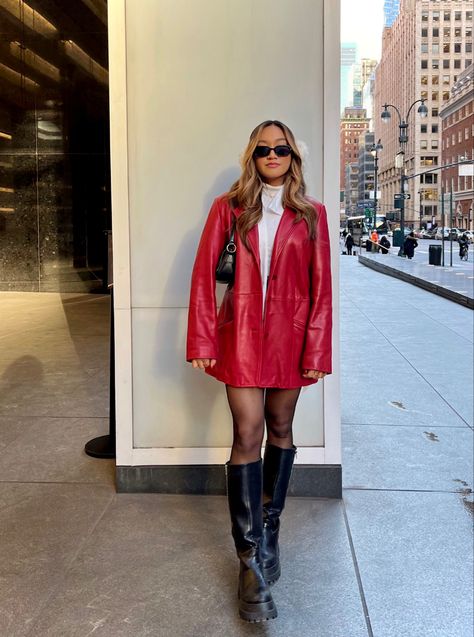 Fall Fashion 2023 Red, Red Jacket Winter Outfit, Red Leather Coat Outfits, Red Boots Fall Outfit, Santacon Outfits Women Nyc, Red Platform Boots Outfit, Red Leather Vest Outfit, Red Gogo Boots Outfit, Long Red Leather Jacket