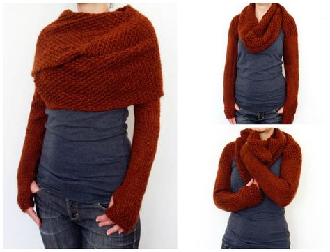 Look Great This Fall! Knit This Long-Sleeve Wrap Around Sweater Scarf - It's a Super-Shrug! Get the pattern via Camexia Designs ... #knitting Sweater Scarf Pattern, Crochet Sweater Scarf, Scarf With Sleeves, Outlander Knitting Patterns, Shrug Knitting Pattern, Gilet Crochet, شال كروشيه, Shrug Pattern, Fall Knitting