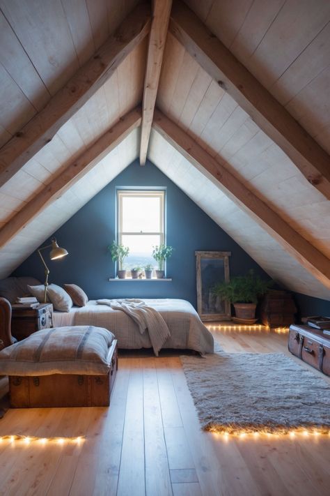 attic bedroom with deep slopes, a small window with plants. rugs with led lights Unfinished Attic Ideas, Bedrooms With Sloped Ceilings, Ideas For Tiny Bedrooms, Attic Stairs Ideas, Attic Kids Bedroom, Small Attic Ideas Low Ceilings, Tiny Attic Bedroom, Slanted Roof Bedroom, Small Attic Ideas