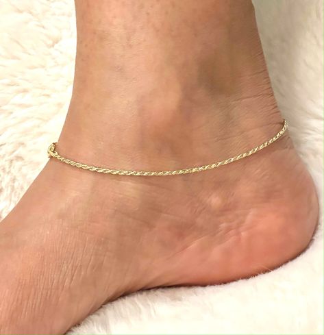 "Gold Rope Anklet * 2mm Rope Anklet * Rope Chain Anklet * 925 Silver/Gold plated Anklet * 2mm Gold Rope Anklet * 10 Inch Twisted Anklet 925 Silver/Gold plated Rope Anklet with 10\" Gold Twisted Anklet Bracelets made to last with normal wear and care. This gorgeous piece of jewelry will make you fall in love with it and will prove to be an eye catching piece. The elegance and simple versatility of this Anklet Bracelet piece makes for a fashionable addition to any outfit, a glamorous accessory for Rope Anklet, Anklet Gold, Women Anklets, Gold Anklet, Ankle Bracelet, Chain Anklet, Anklet Bracelet, Elegant Accessories, Anklet Jewelry