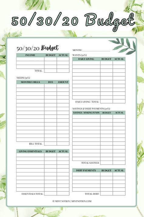 50 30 20 Budget, Printable Budget Worksheet, Budget Planner Free, Budget Template Free, Budget Worksheet, Budget Sheet, Money Planner, Printable Budget, Budget Planner Template