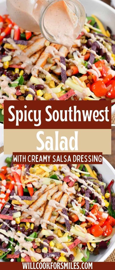 This Spicy Southwest Salad is a picture-perfect copycat of the famous Chick-Fil-A salad served with an easy creamy salsa dressing! Spicy Salsa Salad Dressing, Salsa Dressing For Salad, Best Mexican Salad Recipes, Chic Fil A Southwest Salad Recipe, Copycat Chick Fil A Creamy Salsa Dressing, Chick Fil A Creamy Salsa Dressing, Chick Fil A Salads, Creamy Salsa Dressing Chick Fil A Recipe, Spicy Southwest Salad Chick Fil A