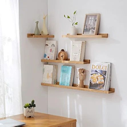 Latitude Run® 2 Piece Oak Solid Wood Picture Ledge Wall Shelf | Wayfair Long Floating Shelf, Natural Wood Shelves, Shelf For Wall, Picture Ledge Shelf, Long Floating Shelves, Pet Hospital, Oak Floating Shelves, Rustic Wall Shelves, Picture Ledge