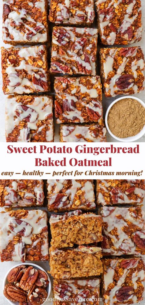 Sweet potato gingerbread baked oatmeal with coconut butter drizzled on top. Holiday Bar Recipes, Gingerbread Baked Oatmeal, Sweet Potato Breakfast Recipes, Sweet Potato Oatmeal, Baked Oatmeal Bars, Healthy Breakfast Baking, Molasses Recipes, No Bake Oatmeal Bars, Sweet Potato Recipes Healthy