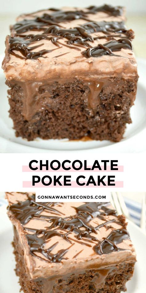 *NEW* Chocolate poke cake has it all: fluffy cake, rich fudge, cool whipped cream, and heaps and heaps of moist pudding! Your new favorite party dessert is ready! #chocolatecake #pokecake Vegetarian Chocolate Cake, Pudding Poke Cake, Chocolate Poke Cake, Poke Cakes, Warm Cake, Hershey Chocolate, Moist Chocolate Cake, Poke Cake, Fudge Sauce