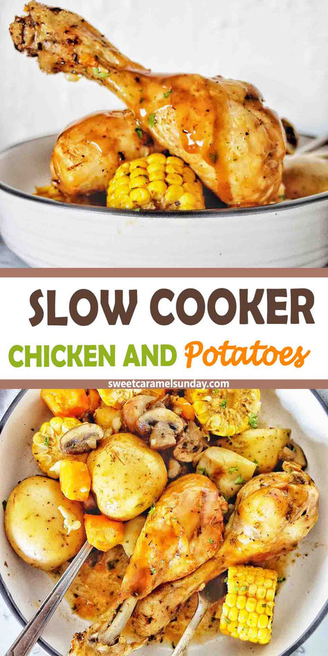 Chicken legs in white bowl with potatoes, corn, carrots and mushrooms. Slow Cooker Chicken Drumsticks Healthy Easy Recipes, Drumstick Chicken Recipes Slow Cooker, Chicken Drum Crockpot Drumstick Recipes, Crockpot Drumsticks And Potatoes, Slow Cook Chicken Drumsticks, Crock Pot Chicken Legs Recipes, Chicken Legs In Crock Pot Recipes, Chicken Legs Crockpot Recipes, Drumstick Chicken Recipes Crockpot Easy