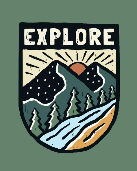 View of the mountain , explore the nature vintage vector design for badge, sticker, t shirt illustration Vintage Badge Logo, Mountain Stickers, Camping Logo, T Shirt Illustration, Sticker Inspo, Design Apps, Sensory Art, Nature Vintage, Shirt Sticker